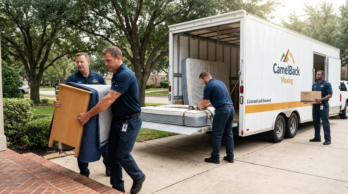 Crew loading residential truck for cross-state move from Bovina, TX