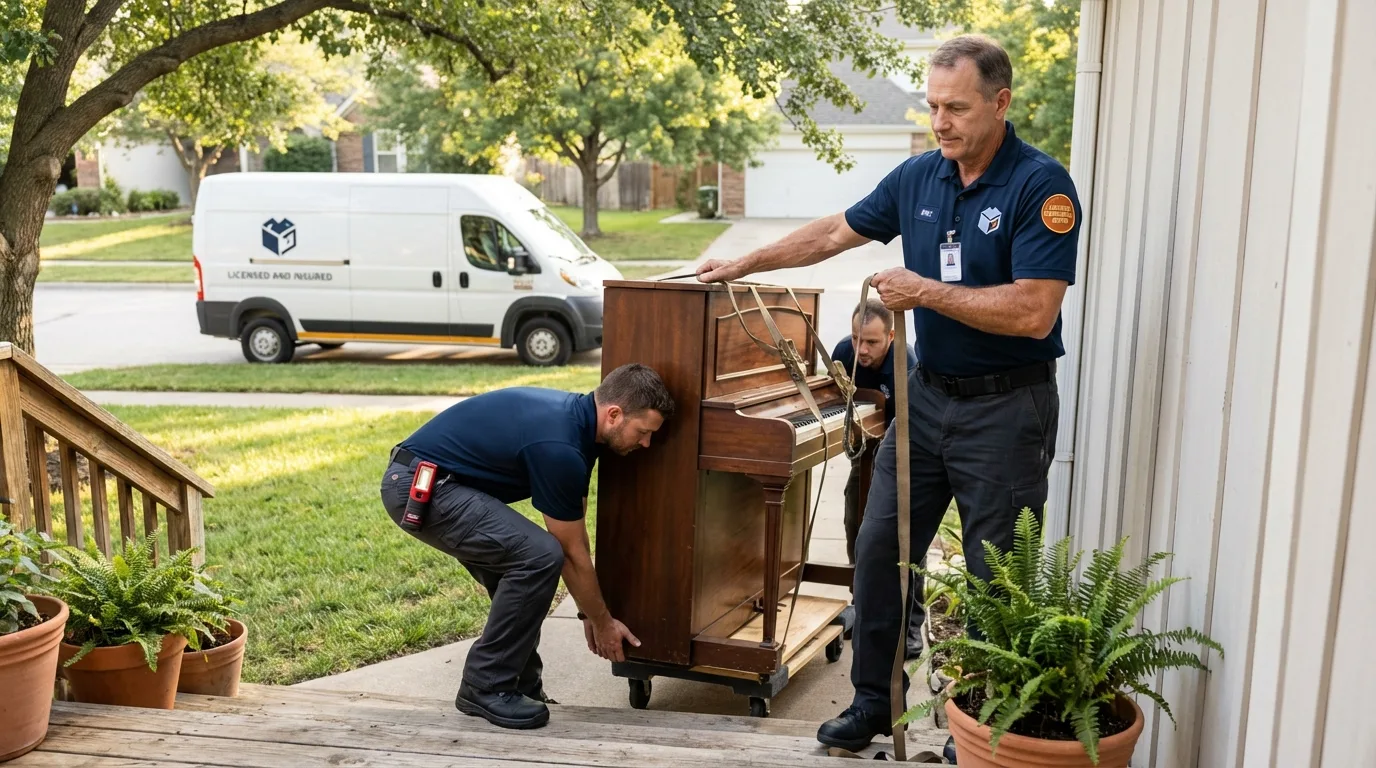 Licensed piano movers securing grand piano in Bovina, TX