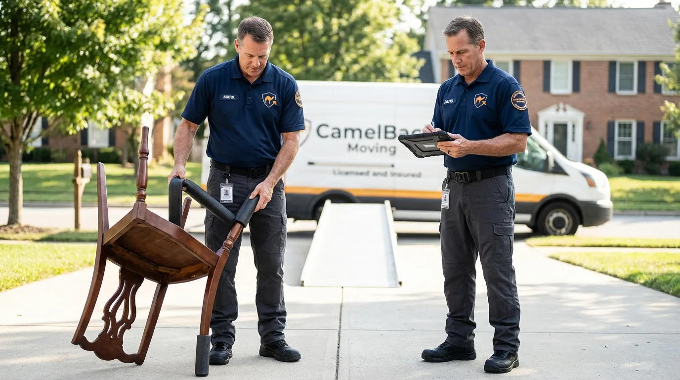 Movers inspecting furniture for damage prevention before loading in Bovina, TX
