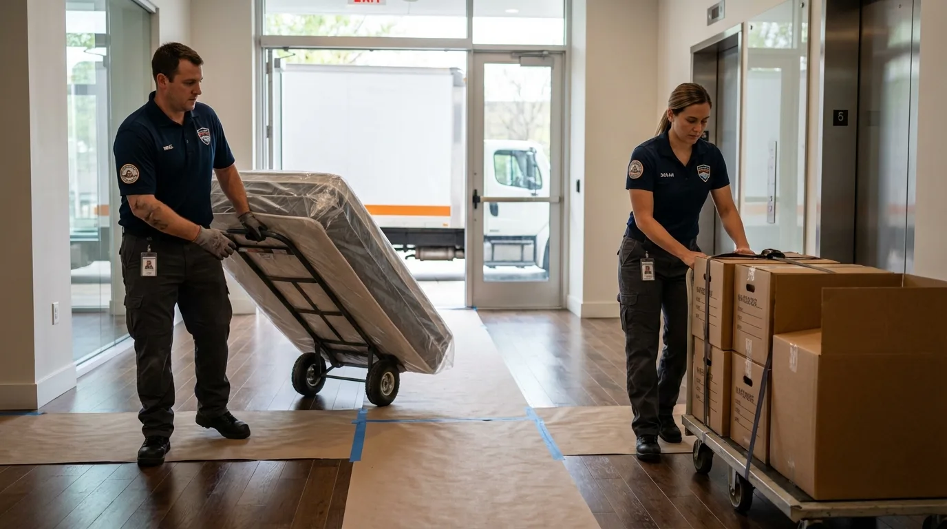 Professional apartment movers loading elevator in Bovina, TX