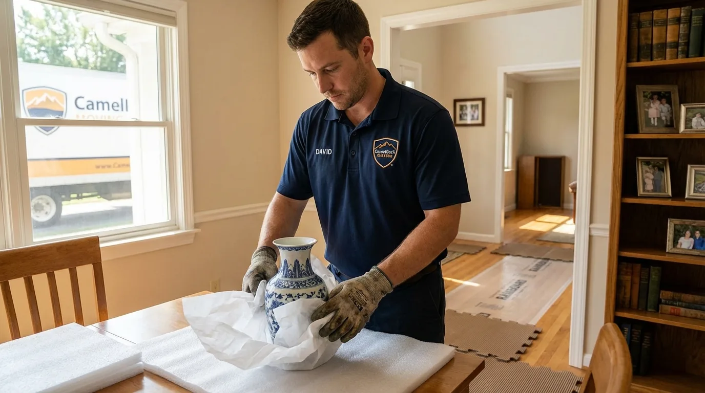 Professional crew carefully wrapping antique vase for senior downsizing move in Bovina, TX